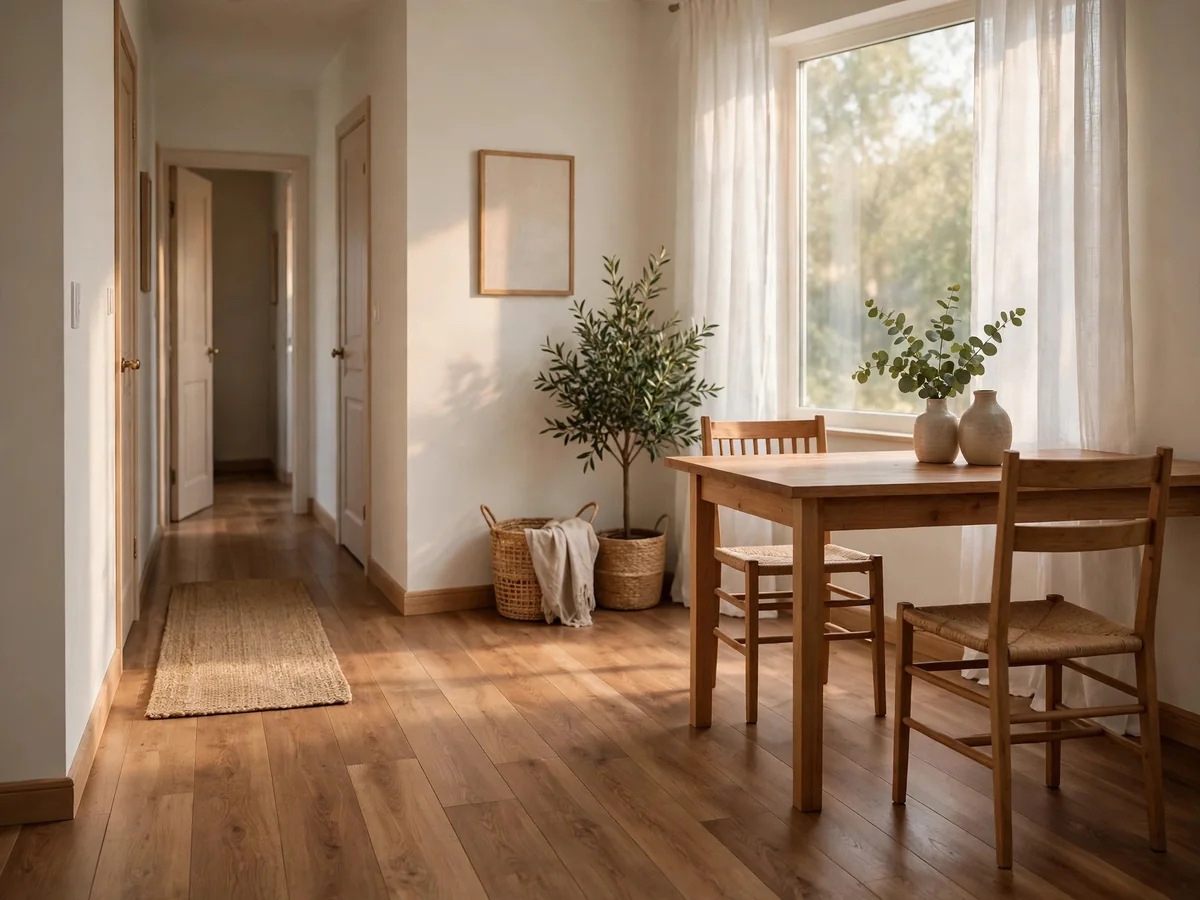 Home interior with wood flooring and natural light