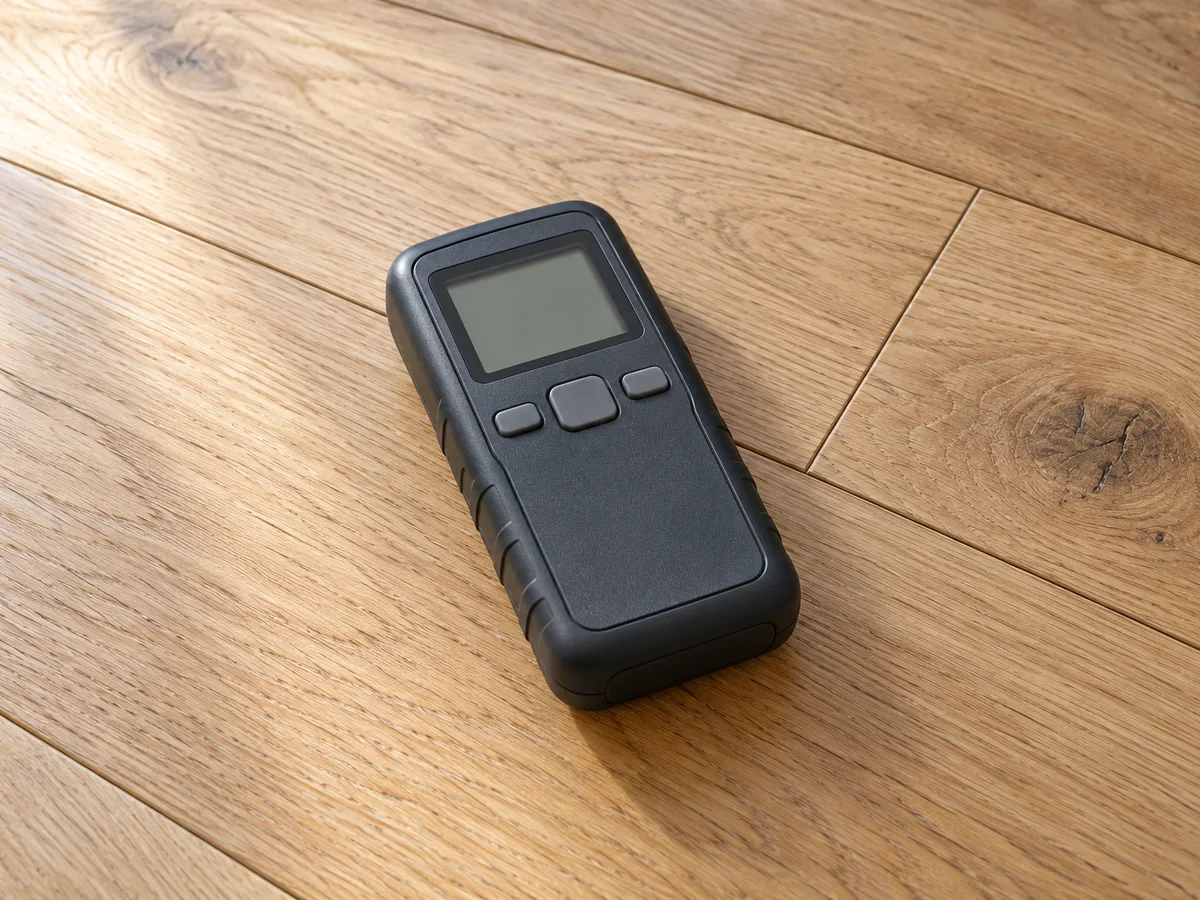 Illustrative pinless moisture meter resting on a wood floor